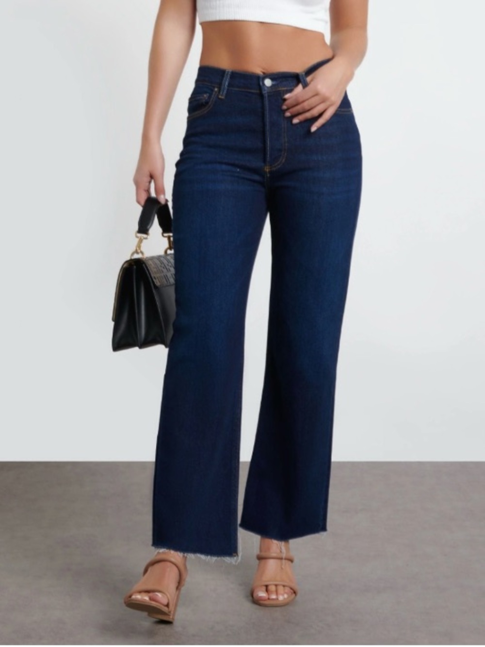 Boyish Mikey High Rise Wide Leg Crop Jeans Dark Wash Stretch Denim